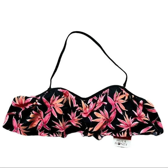 Hula Honey Paradise Flounce Floral Swim Top Black Pink Tropical - Picture 3 of 6